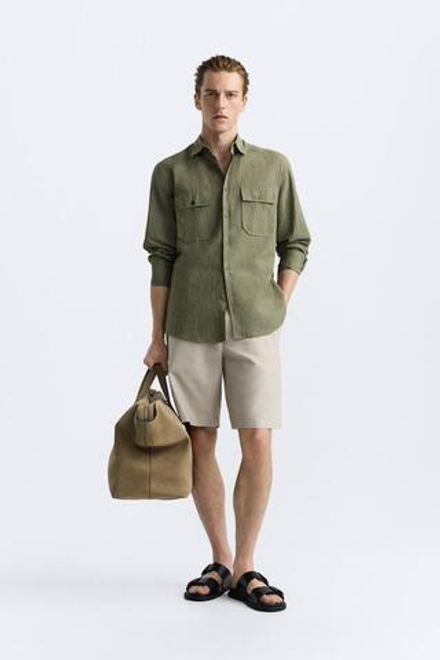 ZARA РУБАШКА ИЗ ХЛОПКА И ЛЬНА, ЗЕЛЕНЫЙ