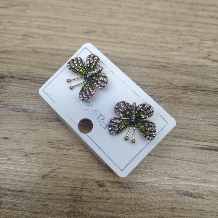 Серьги кольца подвеска Бабочка с усиками стразы цвет салатовый розовый бежевый хамелеон металл золотистый