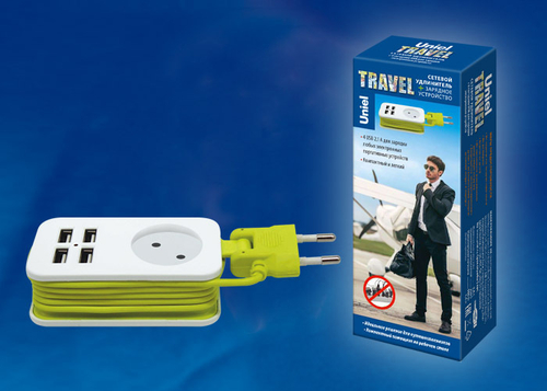 S-CT1-1,5U WHITE/GREEN Удлинитель серии Travel, шнур 1,5м., 1 гнездо, 10A, б/з, 4USB(2,1A). Белый с салатовым. ТМ Uniel