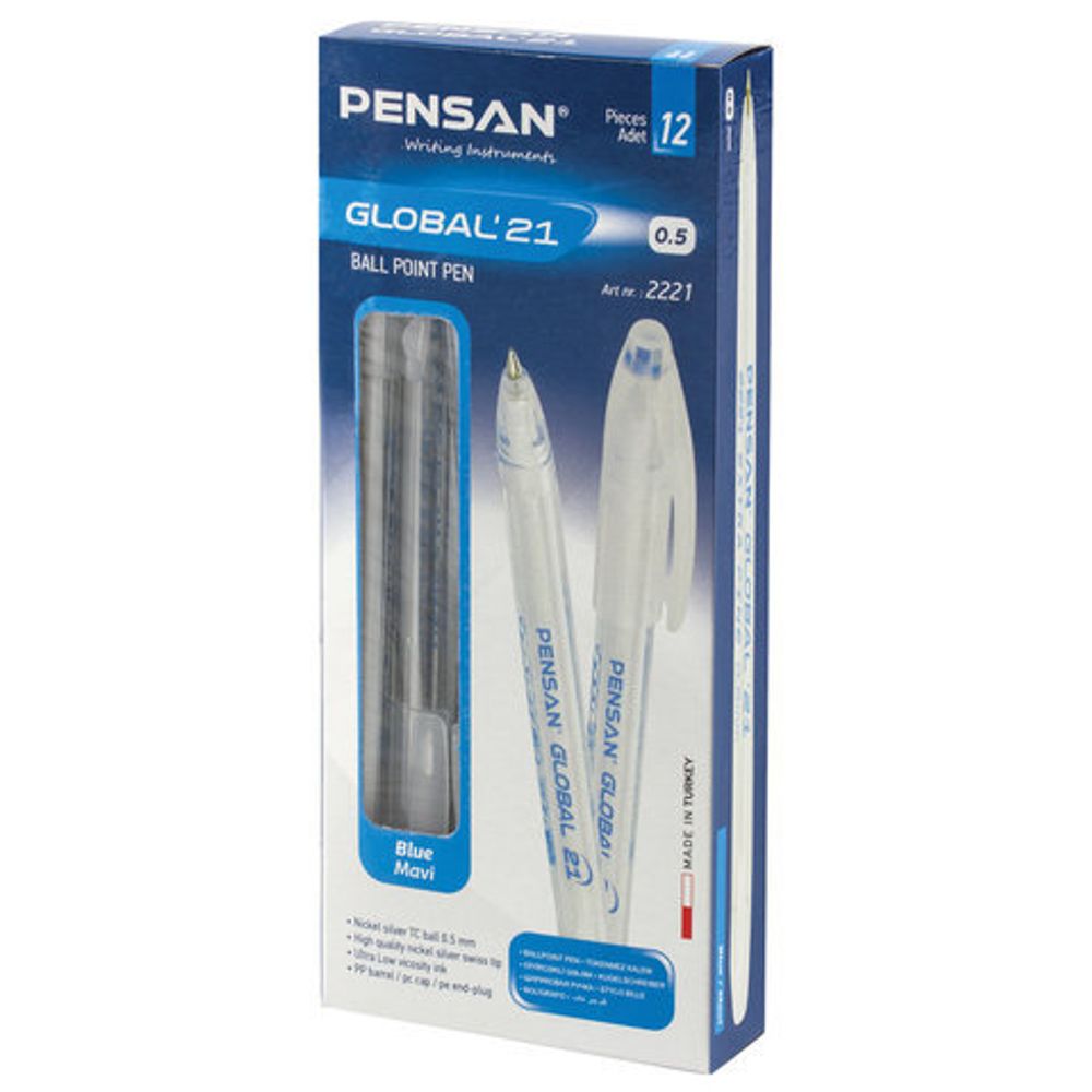 Ручка шариковая масляная PENSAN "Global-21", СИНЯЯ, корпус прозрачный, узел 0,5 мм, линия письма 0,3 мм, 2221