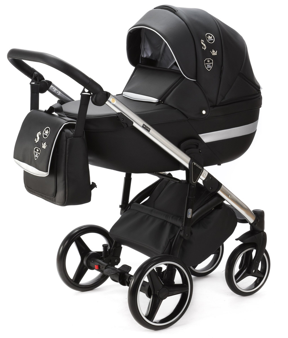 Детская коляска Adamex Cortina Deluxe 2 в 1 CT334/A (ЧЕРН.КОЖА+СЕРЕБ.ОТДЕЛКА+ХРОМ РАМА)