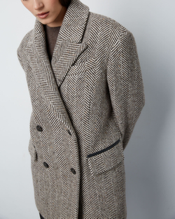 Пальто на поясе из шерсти Стелла Маккартни елочка молочный/темно-коричневый