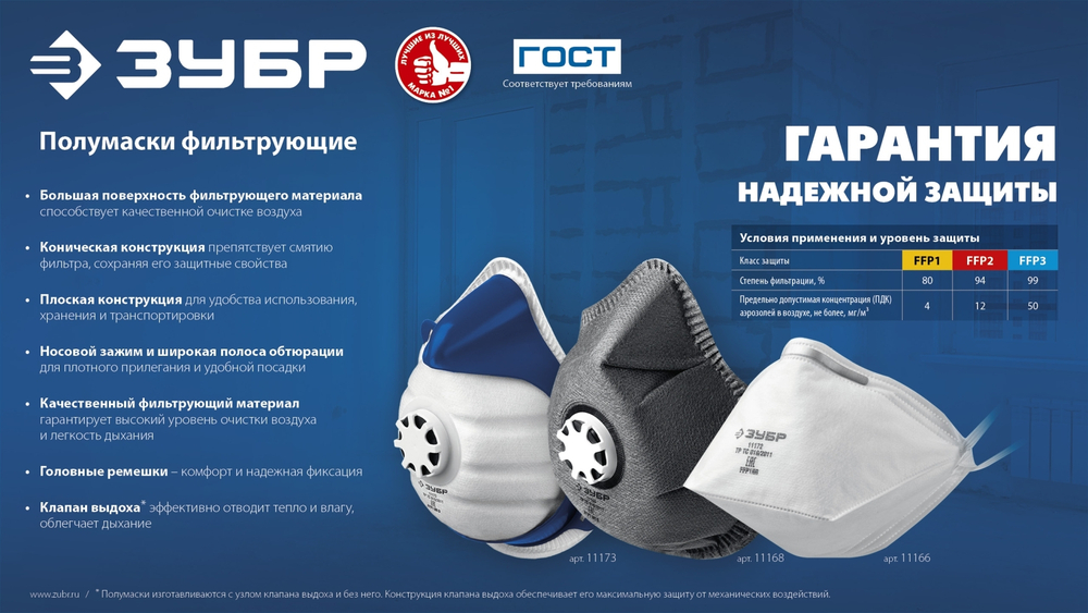 ЗУБР ФГ-95 коническая с угольным слоем, класс защиты FFP2, с клапаном выдоха, фильтрующая полумаска (11168-2)