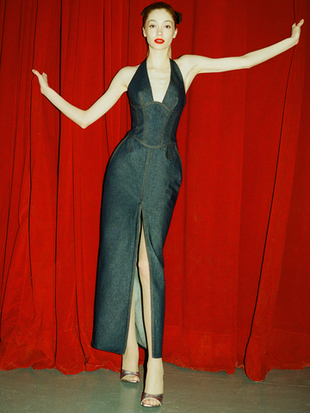 Платье миди из денима с отстрочками на молнии