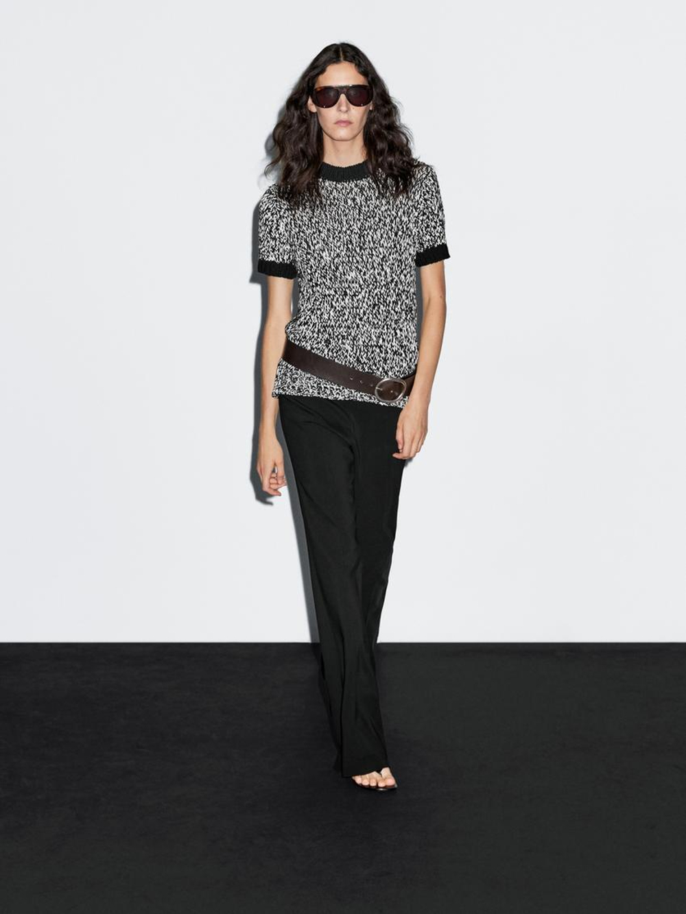 Massimo Dutti Свитер в рубчик с короткими рукавами, черный