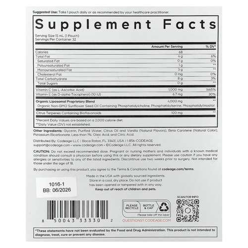 Codeage, Nanofood, липосомальный витамин C, цитрус и ваниль, 32 пауча по 15 мл (0,5 жидк. унции)