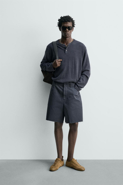 ZARA ХЛОПКОВЫЕ ШОРТЫ ИЗ ТКАНИ В ЁЛОЧКУ С ЭФФЕКТОМ ПОТЕРТОСТИ, ТЕМНЫЙ ИНДИГО