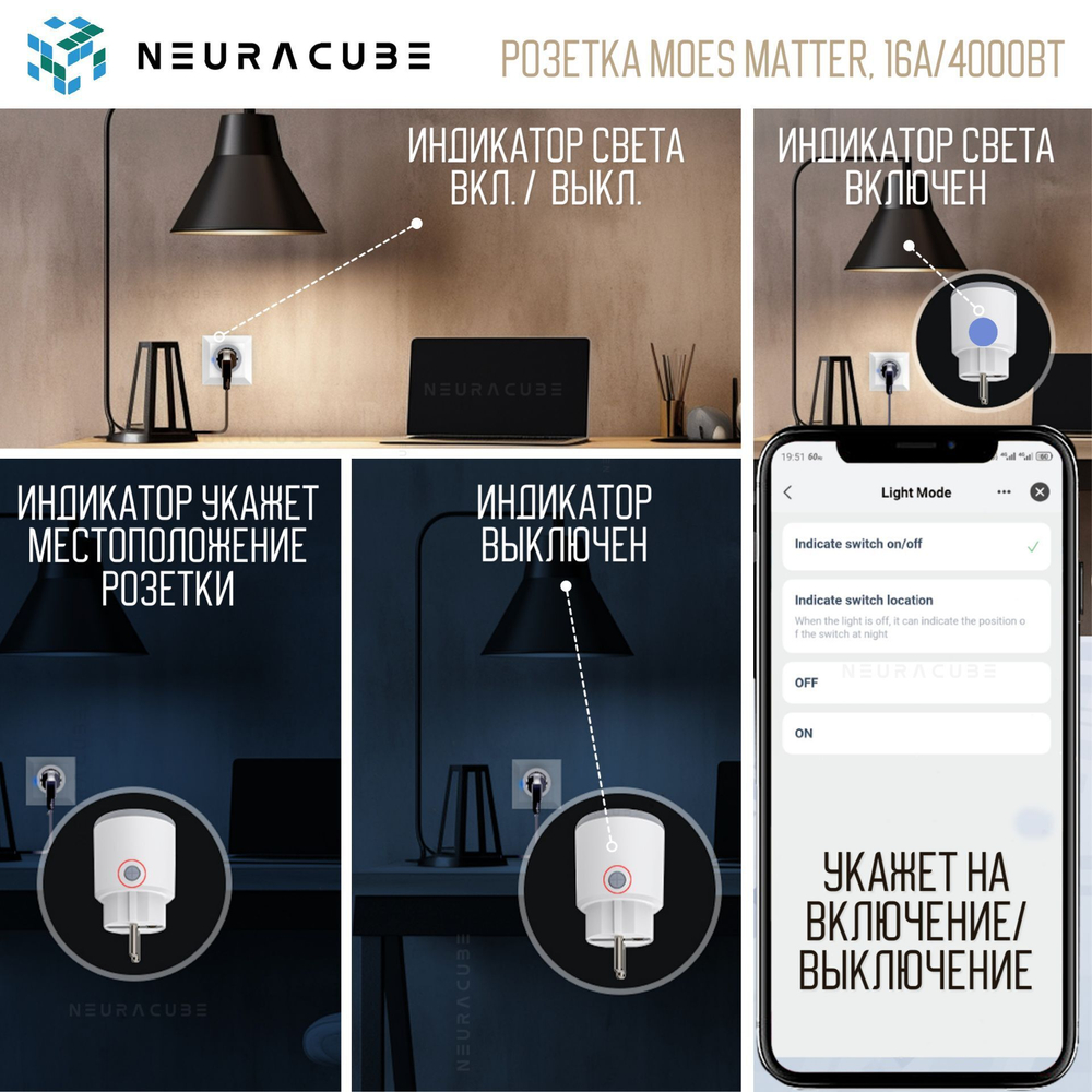 Умная Matter (WiFi) розетка MOES, 16А/3680Вт c мониторингом энергопотребления (Работает с Яндекс Алисой, Сбер Салют, Tuya)