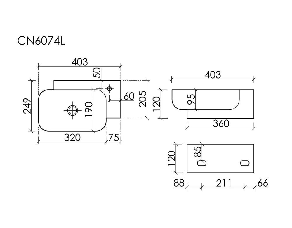 Рукомойник подвесной прямоугольный 403x249x140, с отверстием под смеситель (чаша слева, отверстие под смеситель справа), цвет белый