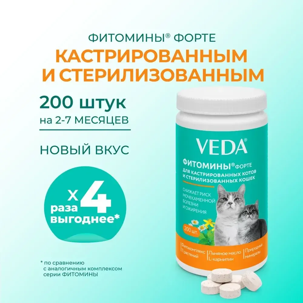 Витамины Фитомины Форте для кастрированных котов и стерилизованных кошек, 200 таблеток Витамины Фитомины Форте для кастрированных котов и стерилизованных кошек, 200 таблеток
