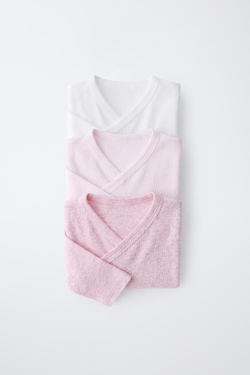 ZARA НАБОР ИЗ ТРЕХ БОДИ В РУБЧИК КИМОНО, РОЗОВЫЙ