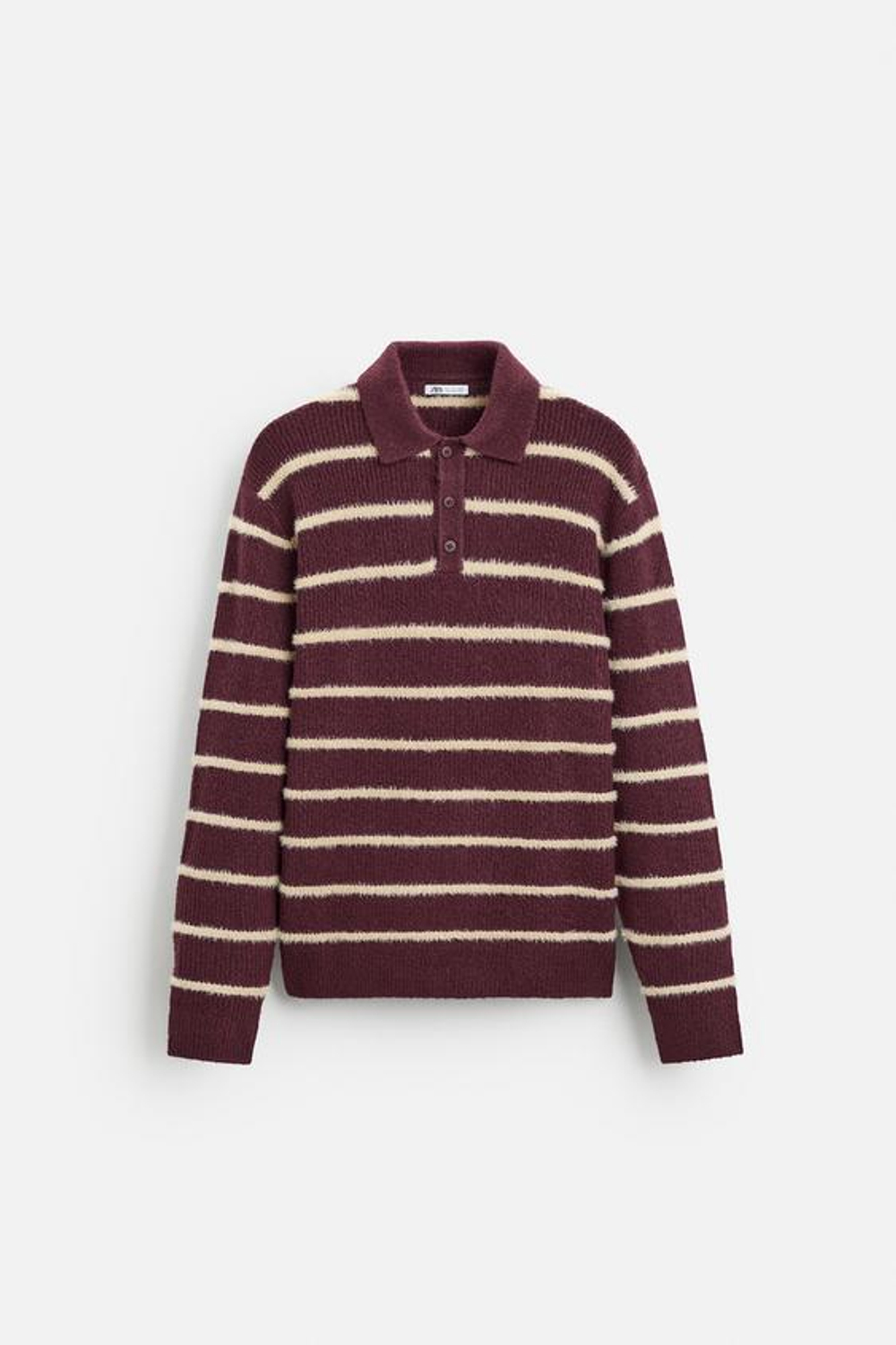 ZARA СВИТЕР ИЗ РЕЛЬЕФНОЙ ТКАНИ В ПОЛОСКУ С ВОРОТНИКОМ ПОЛО, БОРДОВЫЙ