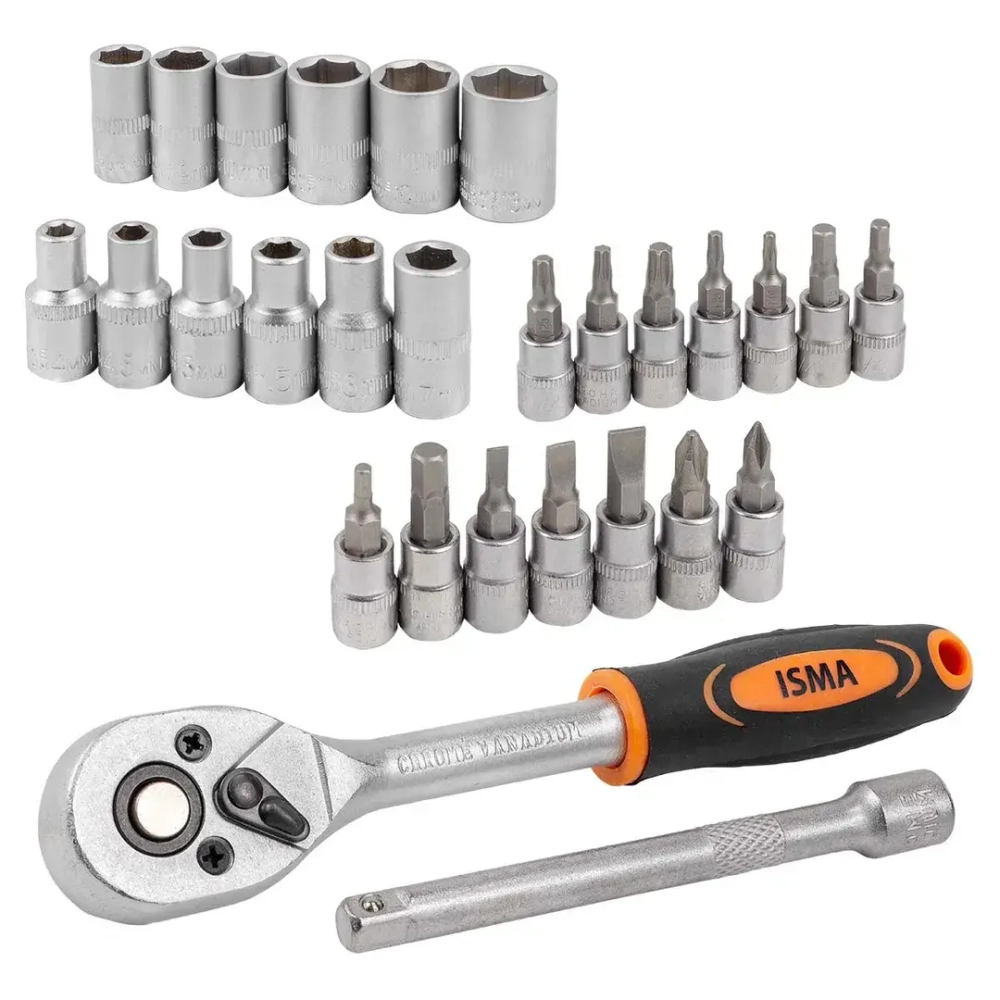Набор головок и бит с трещоткой 28пр. 1/4''(4-13мм, Torx:T10,15,20,25,30, Hex:3-6мм,SL:4,5.5,7мм, PH1,2),в пластиковом держателе ISMA ISMA-2028-5