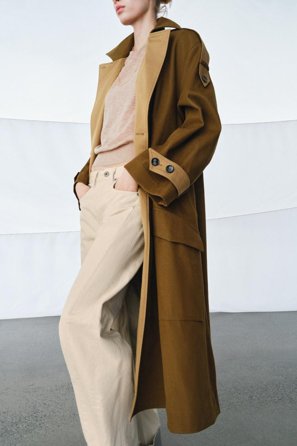 ZARA ДЛИННЫЙ КОМБИНИРОВАННЫЙ ТРЕНЧ — ZW COLLECTION, МЯГКИЙ КАШТАНОВЫЙ