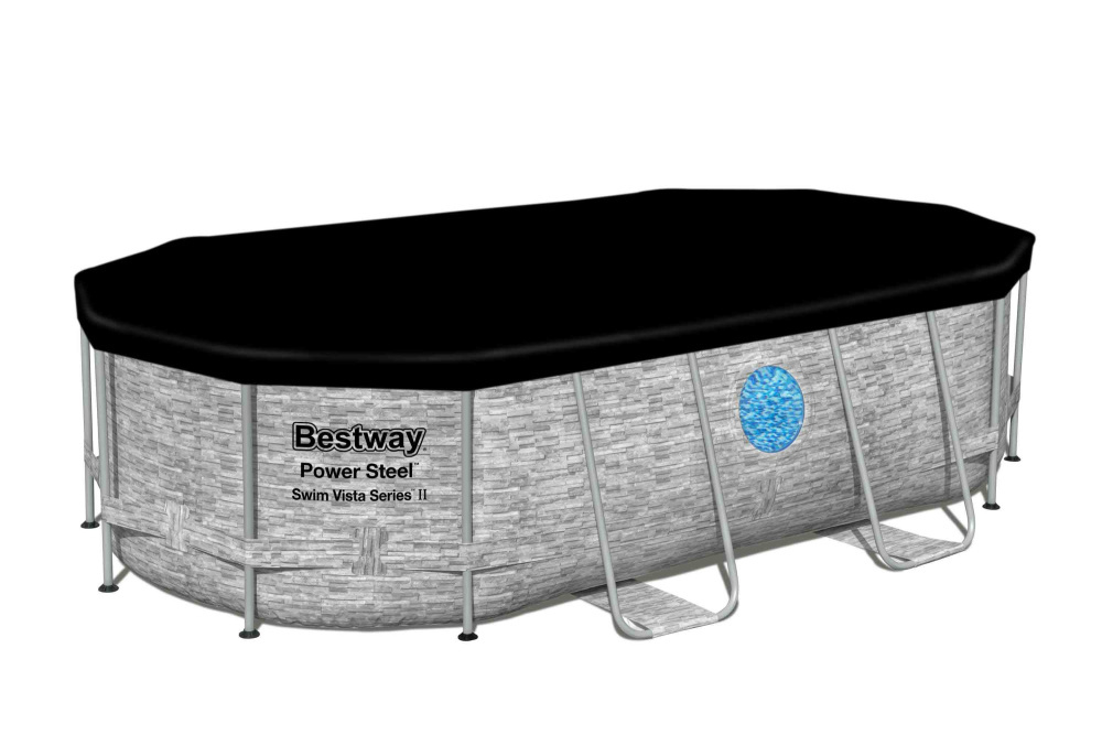 Каркасный овальный бассейн Bestway "Камень", 427х250х100 см + фильтр-насос 2006 л/ч, лестница, тент (56714 BW)