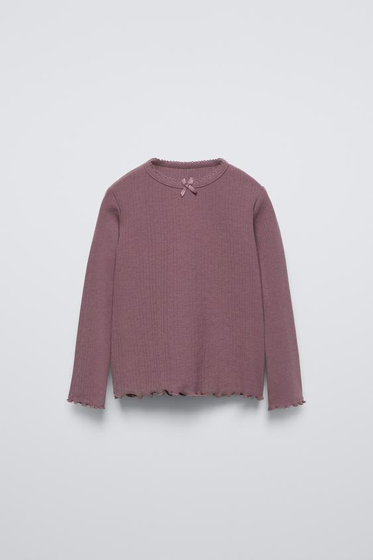 ZARA ФУТБОЛКА POINTELLE С БАНТОМ, БАКЛАЖАНОВЫЙ