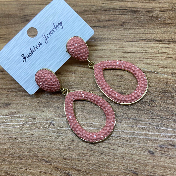 Серьги-гвоздики капля перевернутая капля контур эмаль стразы розовые металл золотистый