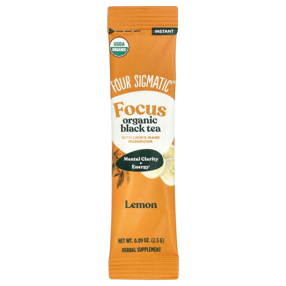 Four Sigmatic, Focus, органический черный чай с ежовиком гребенчатым, лимон, 5 пакетиков по 2,5 г (0,09 унции)