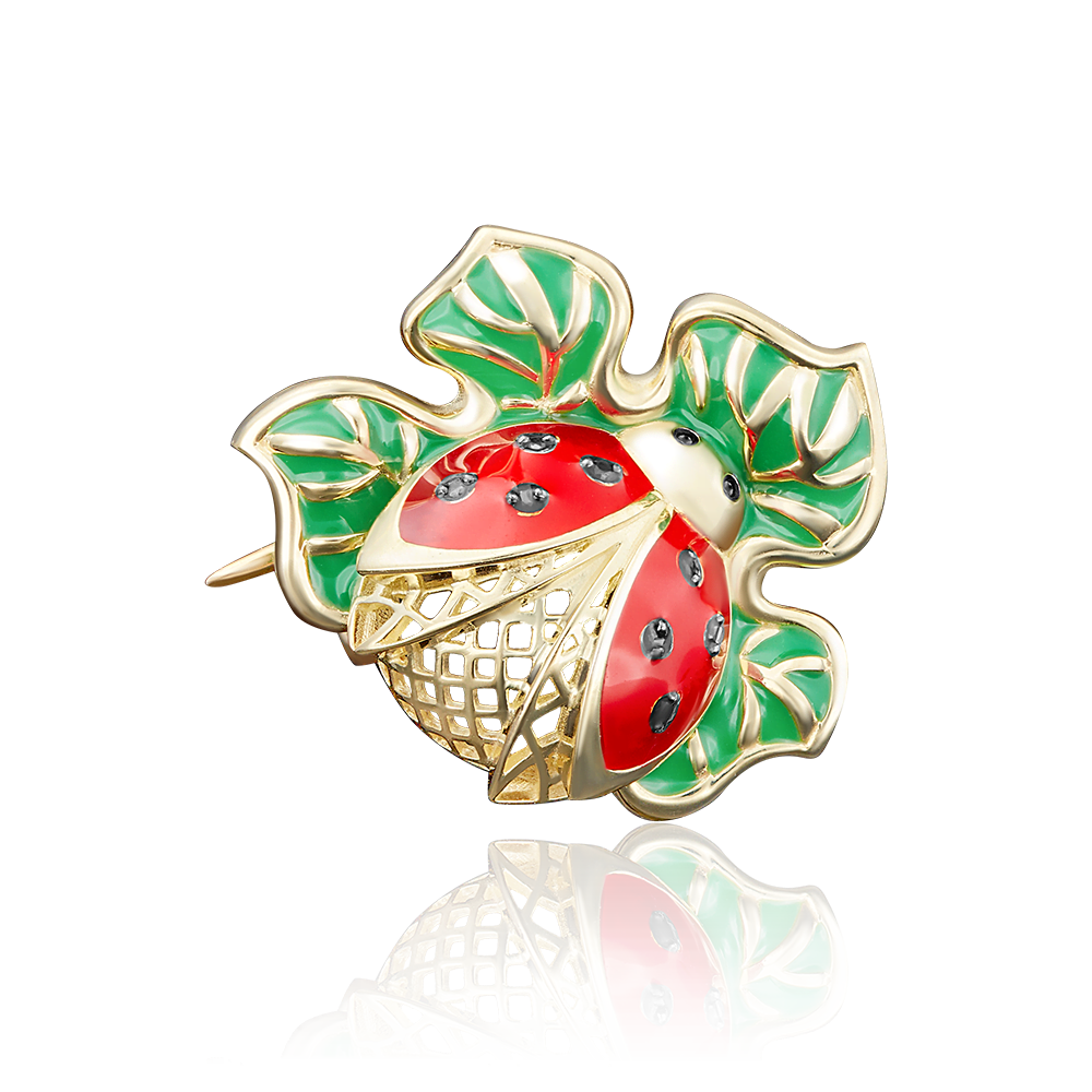 Брошь «Божья коровка» из лимонного золота с фианитами и эмалью
