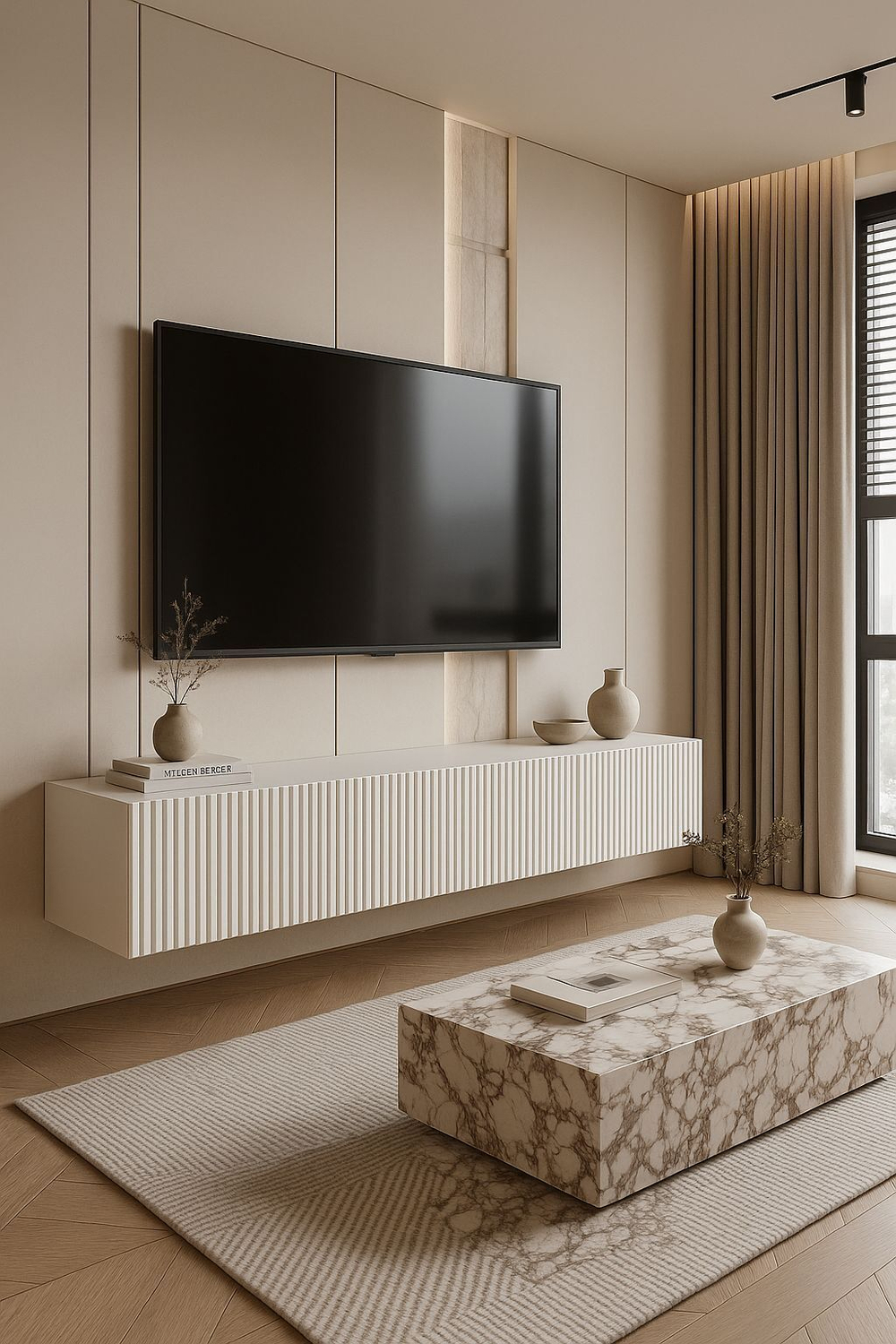 Подвесная тумба под ТВ 240 см белая матовая, МДФ, 4 откидных ящика, минимализм