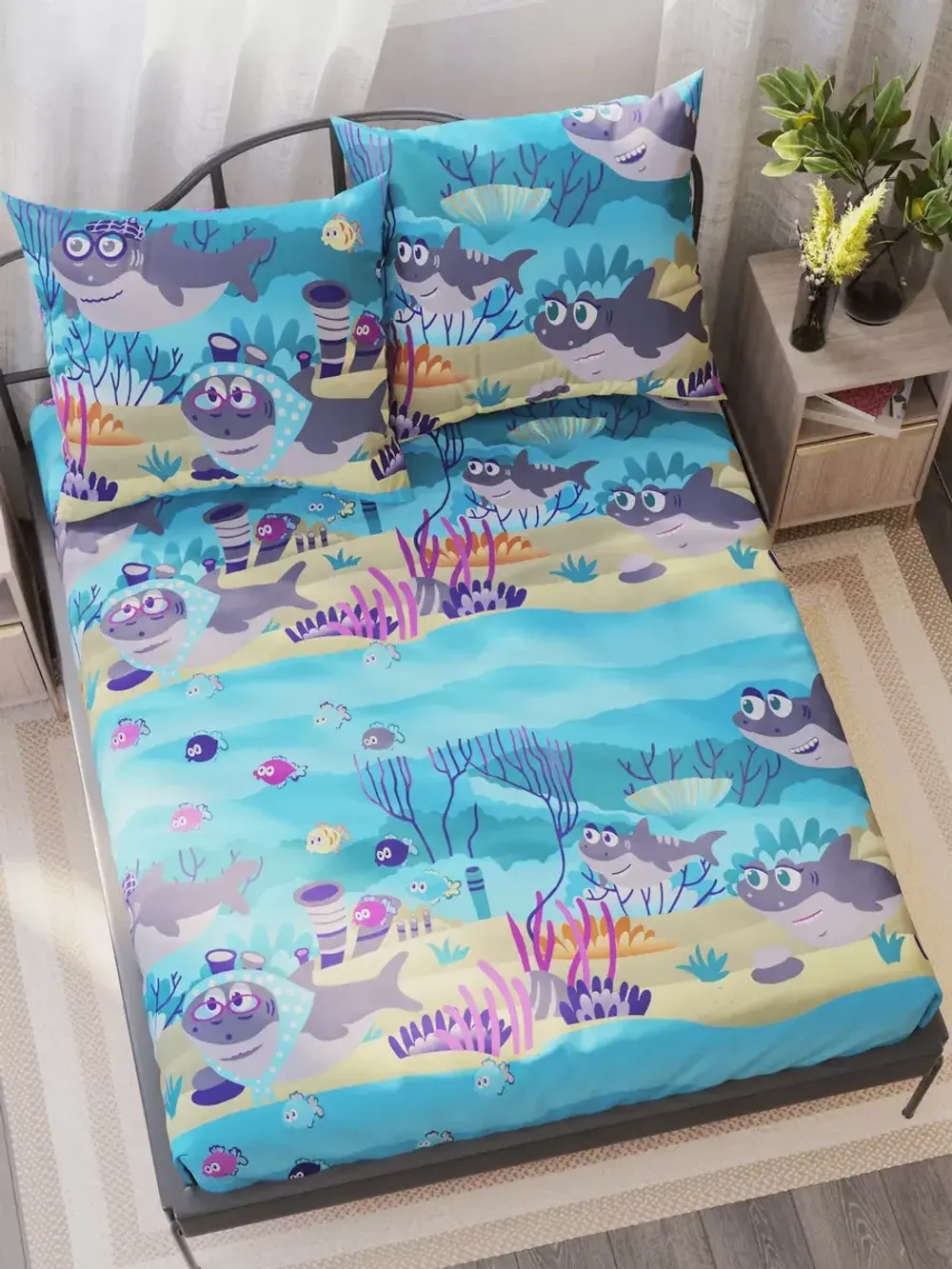 Постельное белье бязь Сказка "Семья Акул" 1,5-сп Наволочка 50х70 см 1 шт Простынь на резинке 90x200 см Пододеяльник 145x205 см