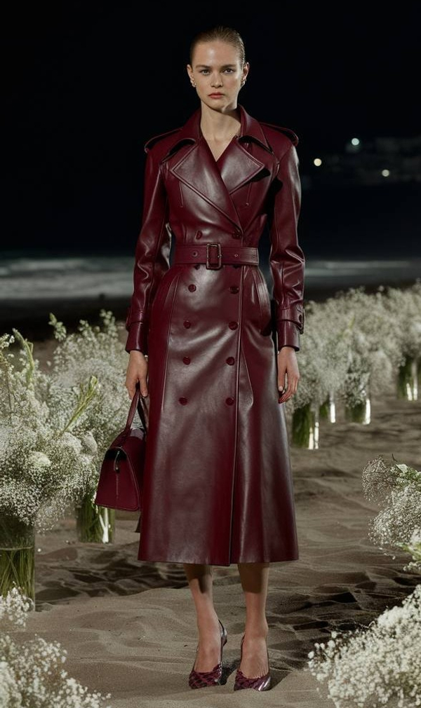 Тренч двубортный кожаный бордовый