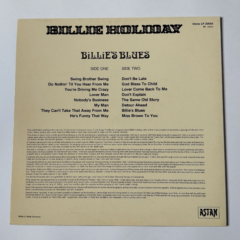 Винтажная виниловая пластинка LP Billie Holiday Blues (Germany 1984)