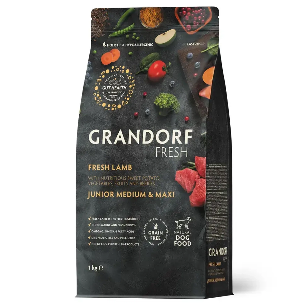 Grandorf fresh dog junior lamb&sweet potato сухой беззерновой корм с живыми пробиотиками для юниоров и беременных собак с ягненком и бататом - 1 кг