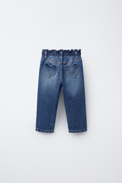 ZARA ДЖИНСЫ PAPERBAG С КАРМАНАМИ-СЕРДЕЧКАМИ, СИНИЙ