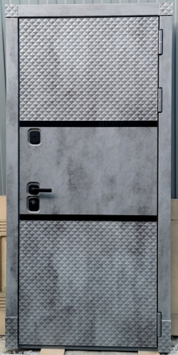 Входная металлическая дверь RеX (РЕКС) 15 Чешуя бетон темный, фурнитура ЧЕРНАЯ квадрат/ ФЛ-119 Силк сноу