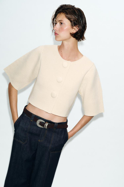 ZARA УКОРОЧЕННЫЙ ВЯЗАНЫЙ КАРДИГАН, ЭКРЮ