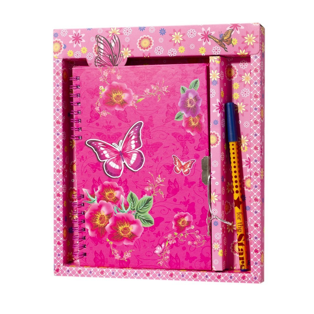 Блокнот в футляре 21,5 см * 25 см, гребень, Alingar, ламинация, замочек, ручка, 40 л., линия, "Бабочки на цветочном поле"