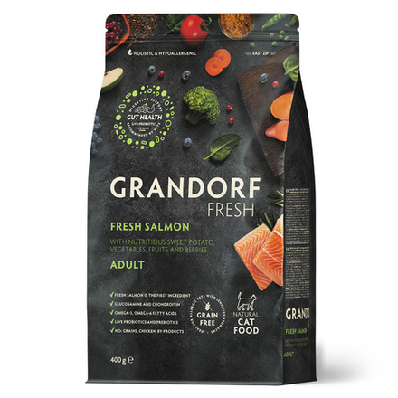 Беззерновой корм с живыми пробиотиками GRANDORF Fresh Cat ADULT Salmon&Sweet Potato Свежее филе лосося с бататом для кошек 400 г