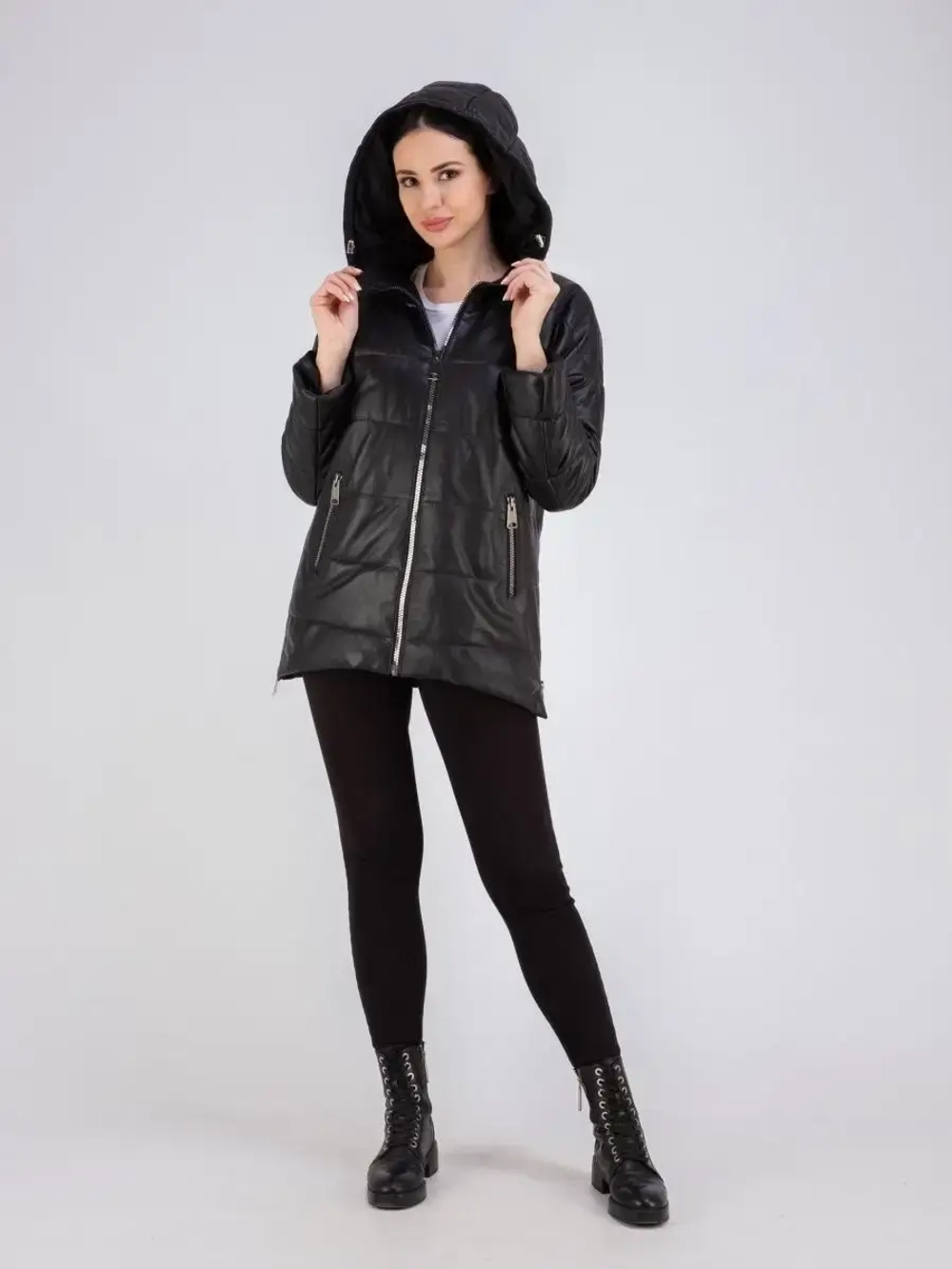 Куртка женская кожаная утепленная с капюшоном