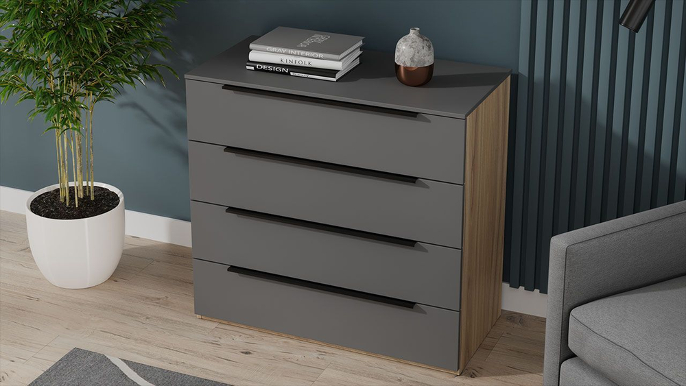 Комод для одежды с ящиками Яблоня Беллуно/Графит софт 4 ящика 90х45х84 см