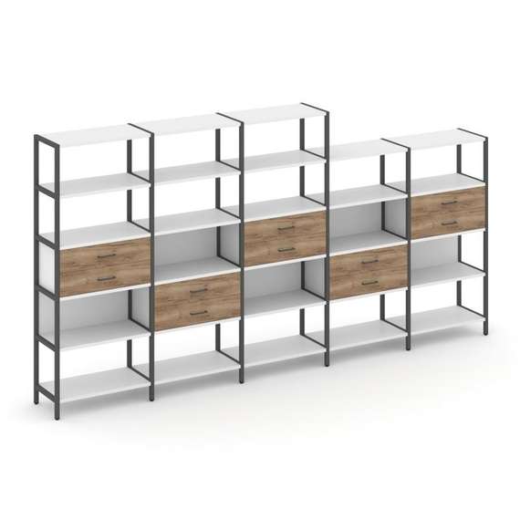 Shelf System Пятисекционный стеллаж пятиярусный с ящиками SN.STM-551 Белый/Дуб Табак/Металл Антрацит