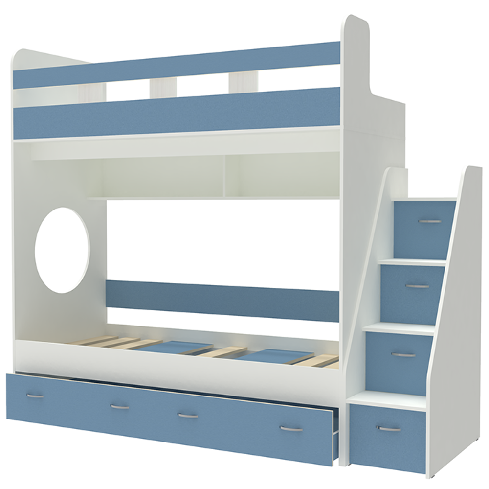 Трехъярусная кровать КарИВи Юниор  Белый  Светло-синий, голубой