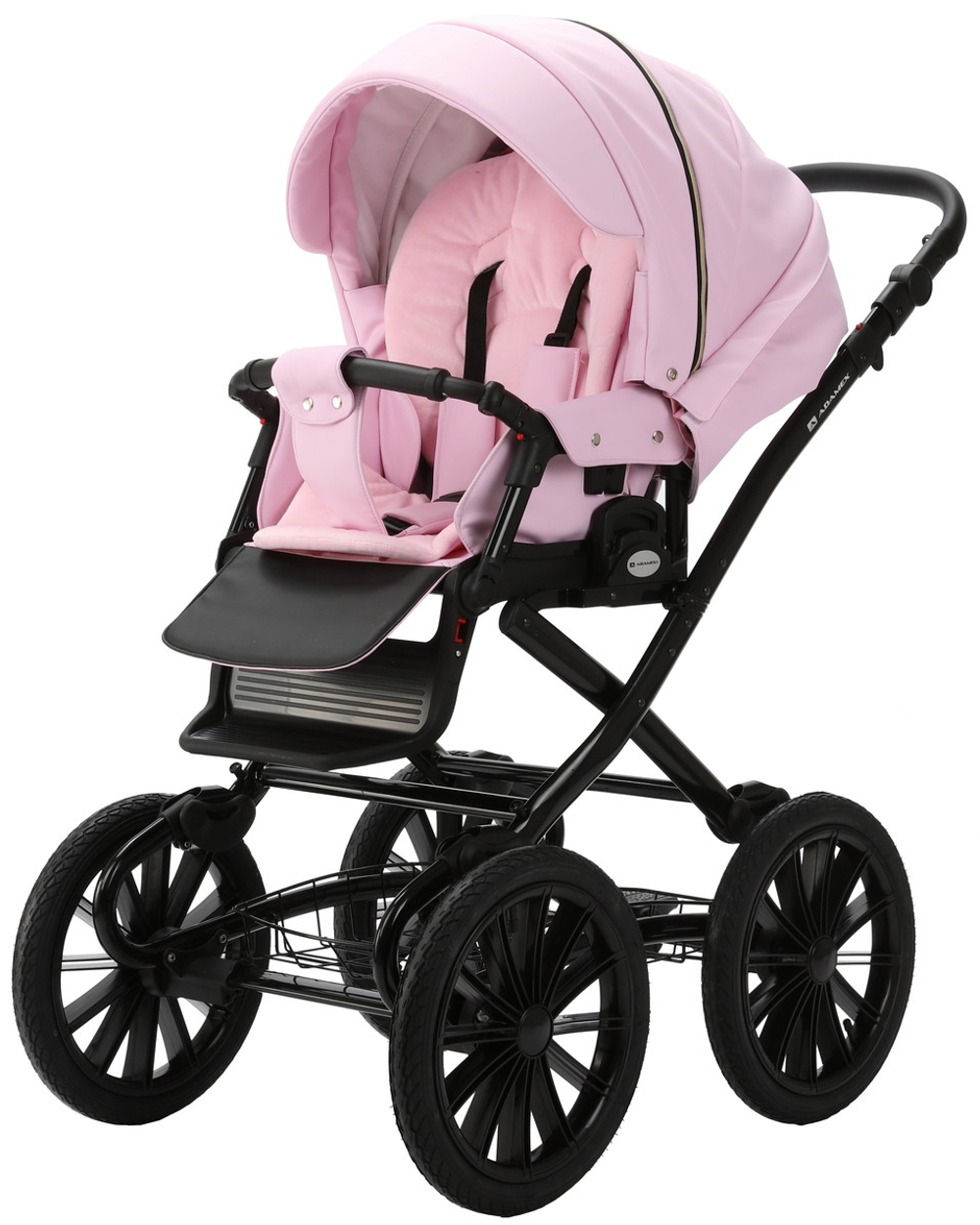 Детская коляска Adamex Chantal Retro Deluxe 3 в 1 C132B (РОЗОВ.ЗЕФИР 100% КОЖА-ЗОЛОТО.МОЛНИИ)