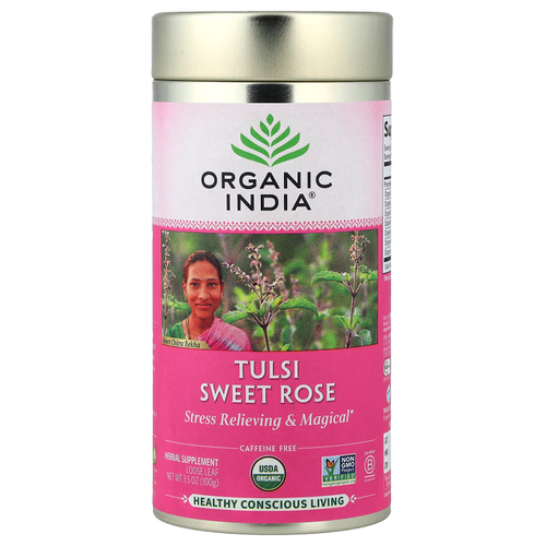 Organic India, чай тулси с сладкой розой, без кофеина, 100 г (3,5 унции)