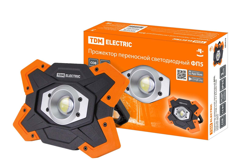 Прожектор переносной светодиодный ФП5, 15 Вт, 1250 лм, Li-Ion 3,7 B 6,6 A*ч, USB, TDM SQ0350-0055