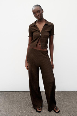 ZARA БРЮКИ ПРЯМОГО КРОЯ ФАКТУРНЫЕ, ТЕМНО-КОРИЧНЕВЫЙ