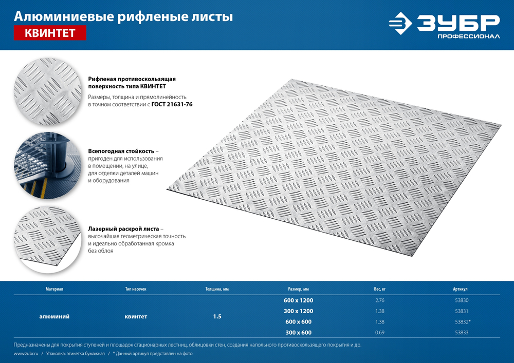 ЗУБР Квинтет, 300 х 600 х 1.5 мм, алюминиевый рифленый лист, Профессионал (53833)