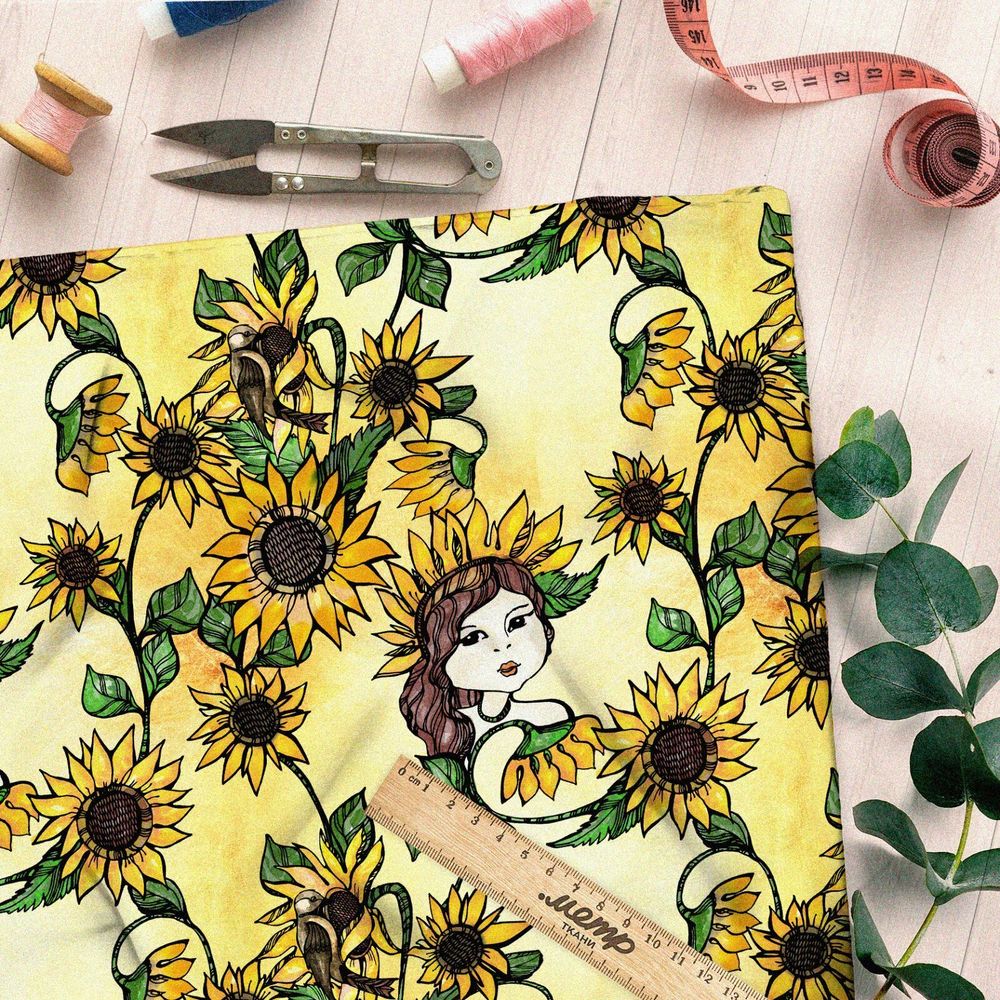 Ткань оксфорд 210 девушка в подсолнухах
