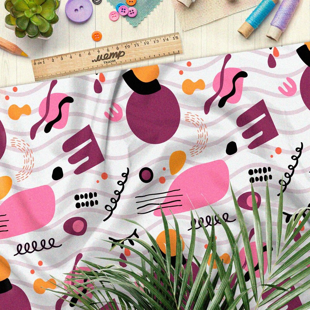 Ткань саржа сиреневые космические пятна на белом фоне с волной