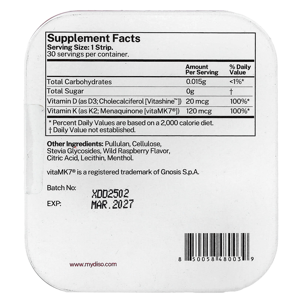 Diso, витамины D3 и K2, дикая малина, 30 полосок для полости рта