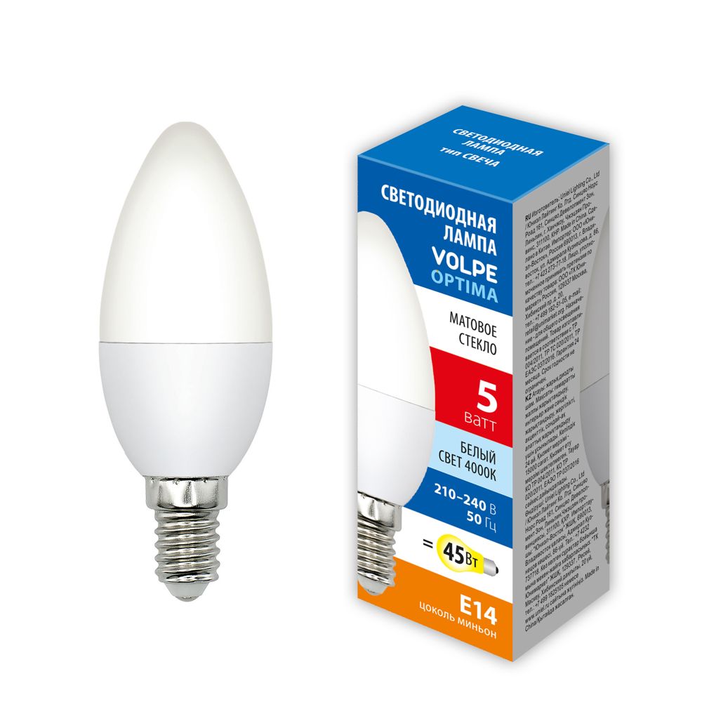 LED-C37-5W-4000K-E14-FR-SLS Лампа светодиодная. Форма свеча. матовая. Белый свет 4000K. ТМ Volpe