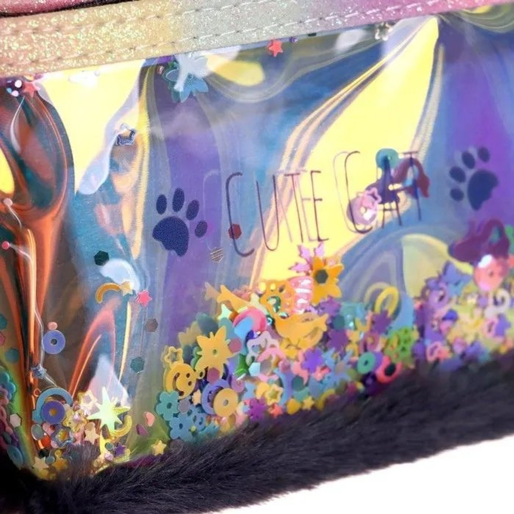 Пенал - косметичка Alingar, мех/голографика, молния, 90х200мм, "Cute cat", микс (кошечки)