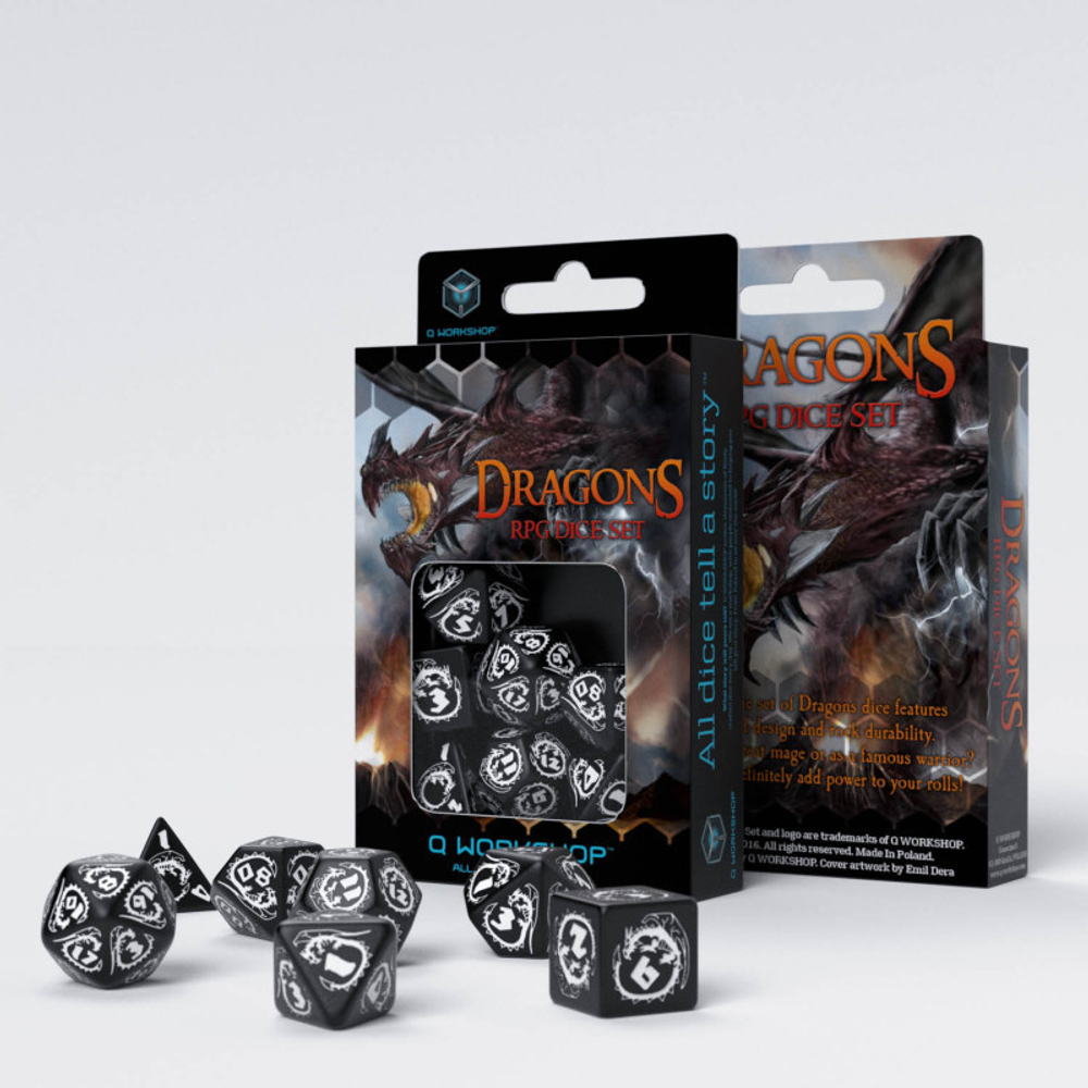 Dragons Black & white Dice Set (7) (Hematite)