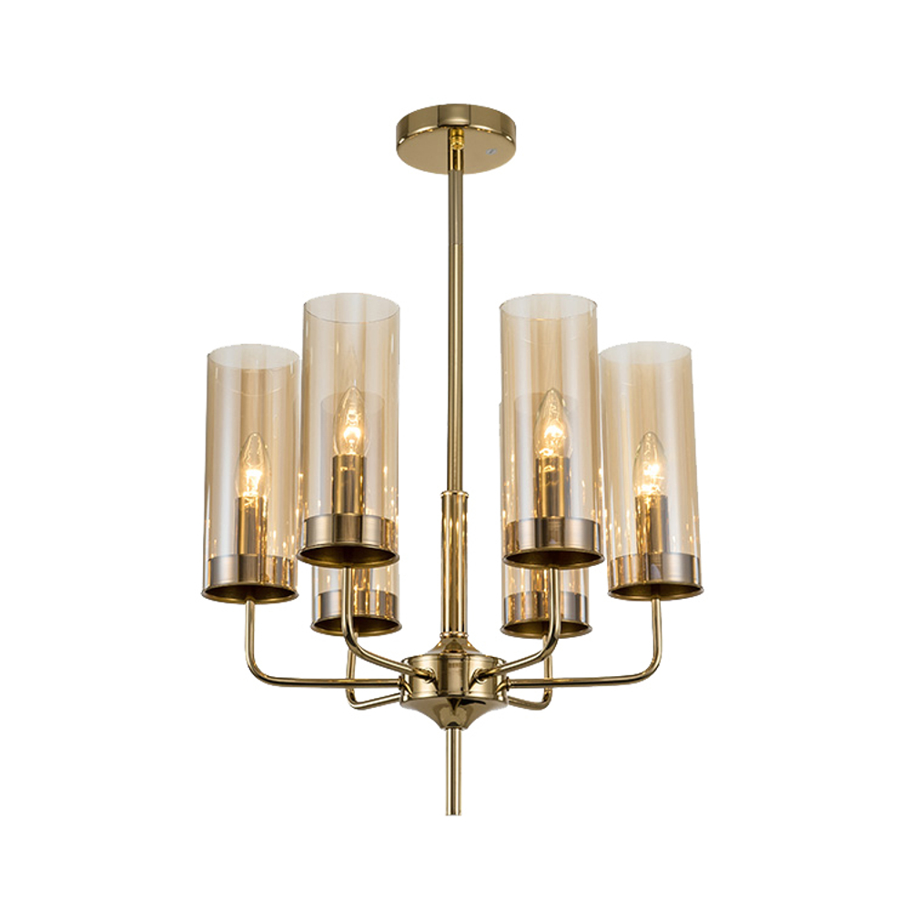 Chandelier  Brass & Blue Glass Tube by Hans-Agne Jakobsson (6 lampshades,  Beige)