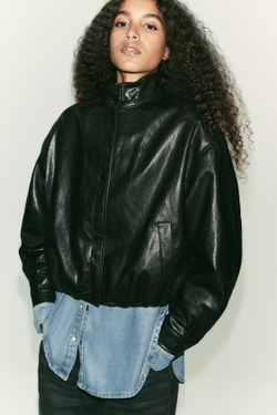 ZARA БОМБЕР ИЗ ИСКУССТВЕННОЙ КОЖИ С ВЫСОКИМ ВОРОТНИКОМ, ЧЕРНЫЙ